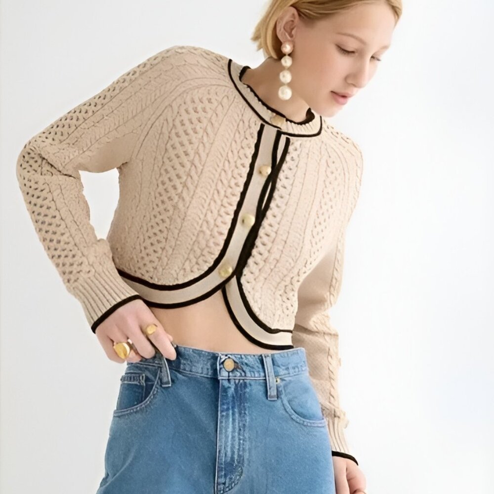 J. Crew Tan Cropped Cable Knit Sweater Lady Jacket Cardigan - Picture 2 of 13